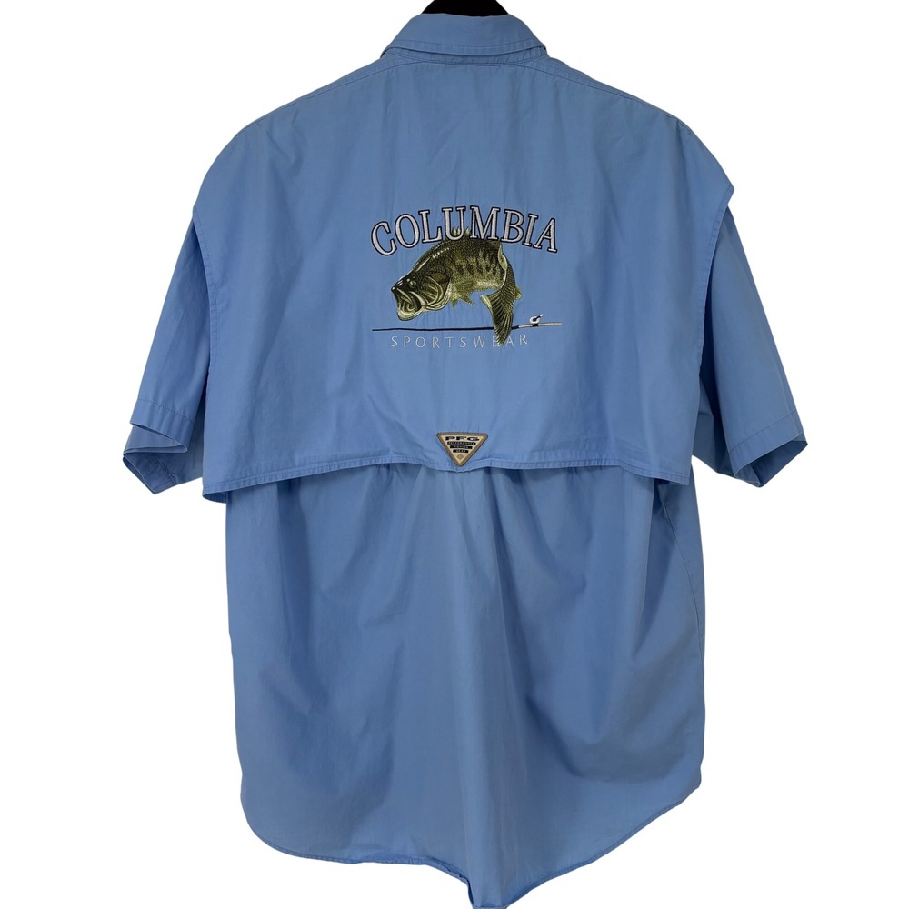 Columbia PFG Mens Bass Fishing Shirt XL Blue Embroidered Short Sleeve Graphic